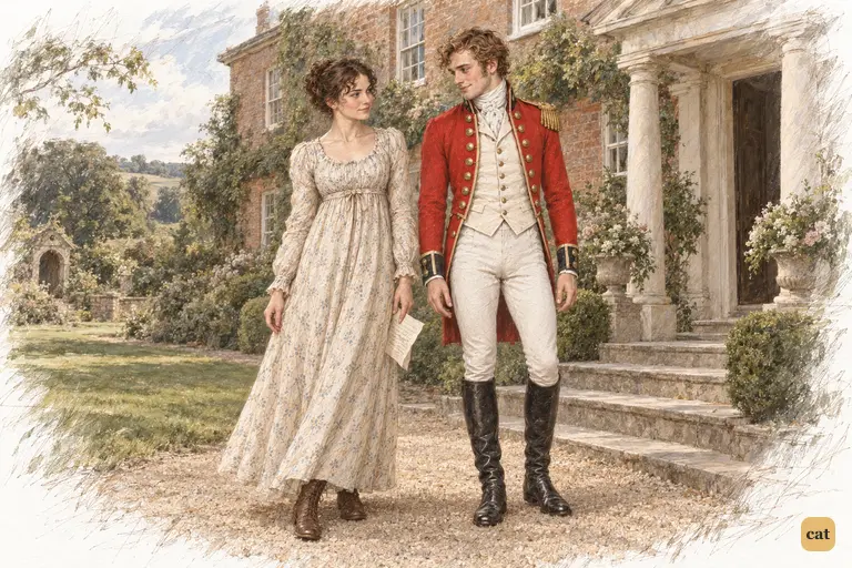 Elizabeth pauses beside Longbourn’s entrance steps, giving Wickham a small, good-humoured smile.