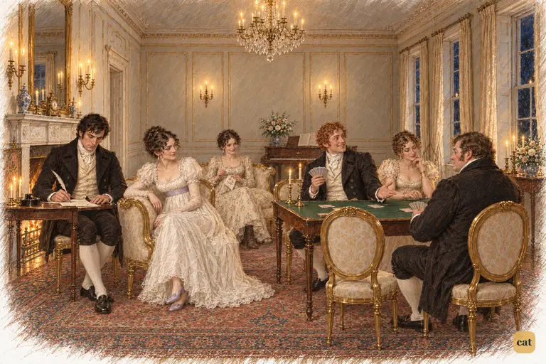 Bingley turns from the card game to tease Darcy about his letter.