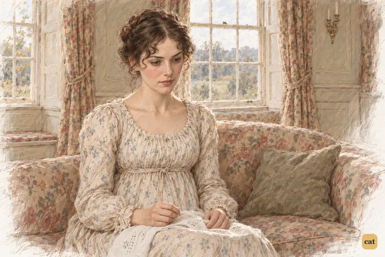 Elizabeth sits alone, quietly absorbing Charlotte's engagement to Mr. Collins