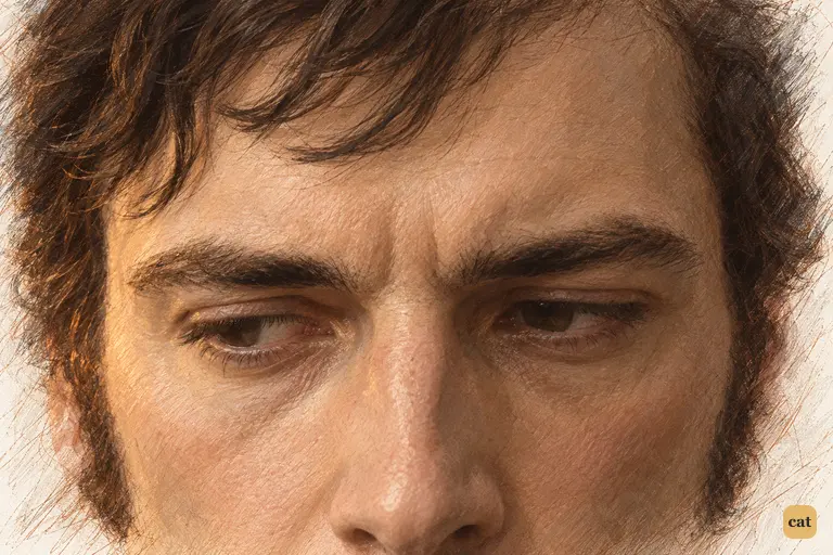 Darcy’s lowered eyes turn aside as his courteous farewell conceals the wound of Elizabeth’s refusal.
