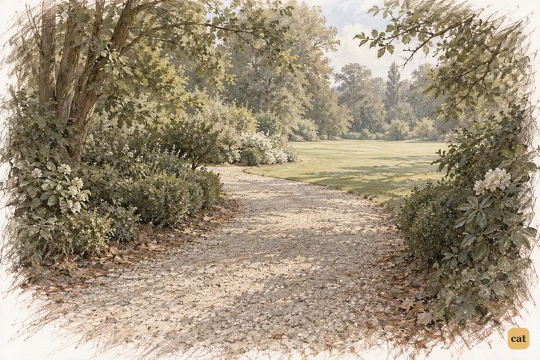 The empty copse path opens toward Longbourn's lawn as Elizabeth imagines marrying Darcy