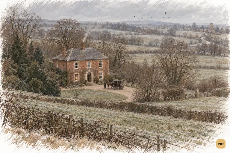 Longbourn stands small among bare winter fields on the Saturday of Mr. Collins’s departure.