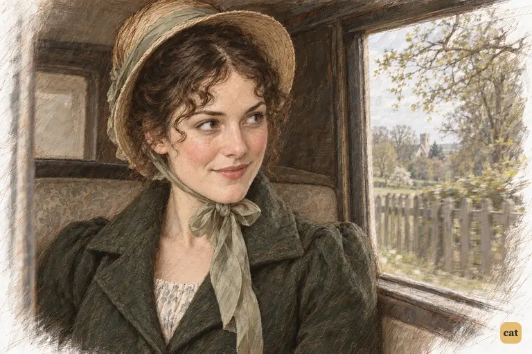 Elizabeth’s private smile catches the amused curiosity stirred by Rosings Park’s passing boundary.