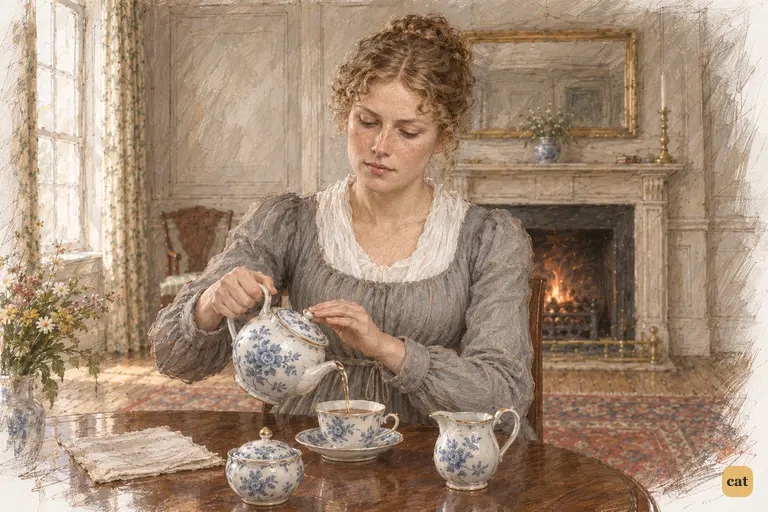 Charlotte pours tea with steady hands while her husband displays the parlour beyond the frame.
