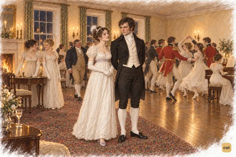Miss Bingley approaches Darcy with a knowing smile, certain she understands his reverie.