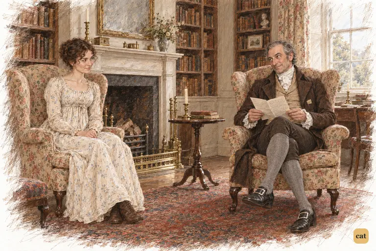 Elizabeth offers Mr. Bennet a barely sustained smile as he looks up from Mr. Collins’s letter.