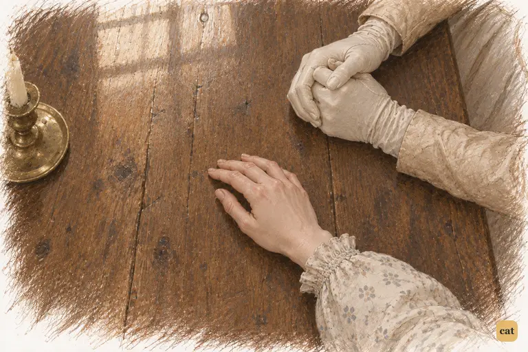 Georgiana Darcy’s tightly clasped gloves betray her shyness.