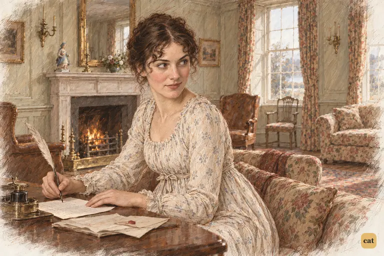 Elizabeth pauses over her reply to her aunt, turning to the fire with a self-mocking smile