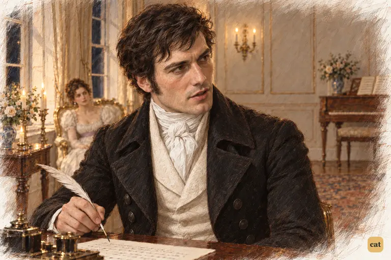 Darcy lifts his gaze from his unfinished letter, his quill suspended