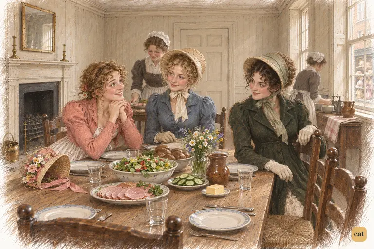 Lydia begins her eager announcement as the others draw their chairs to the luncheon table