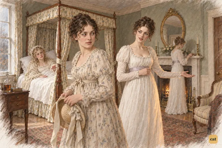 Caroline Bingley offers the carriage with a gracious gesture as Elizabeth stands holding her bonnet.