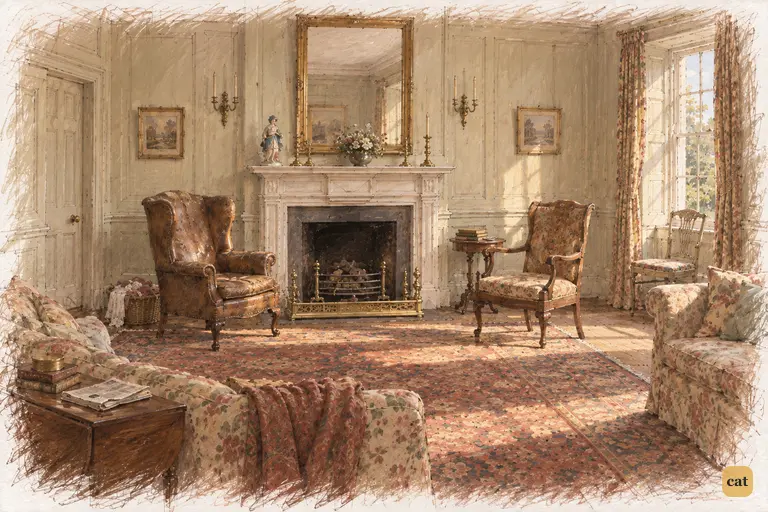 Late May sunlight falls across the empty chairs at Longbourn’s hearth.