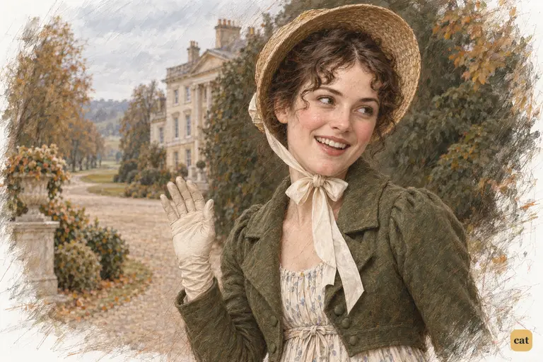 Elizabeth Bennet laughs toward the departing party, lifting a small farewell wave.