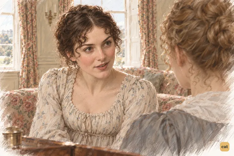 Elizabeth answers Charlotte’s defence of Darcy with a laughing glance and an arch half-smile.