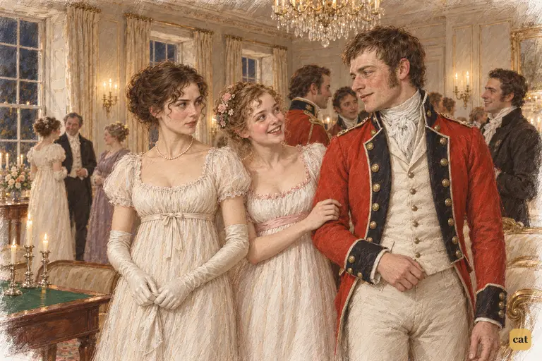 Denny meets Elizabeth’s eyes with a knowing smile, turning Wickham’s absence into an insinuation.