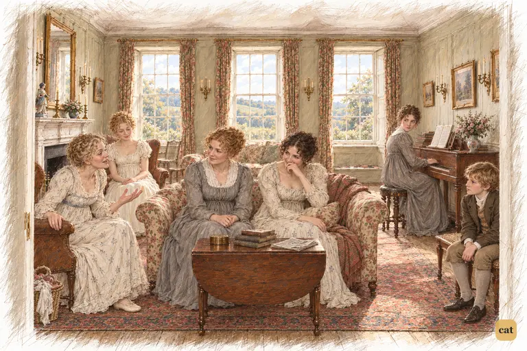 Mrs. Bennet holds the crowded drawing-room spellbound with her theory about Darcy’s pride.