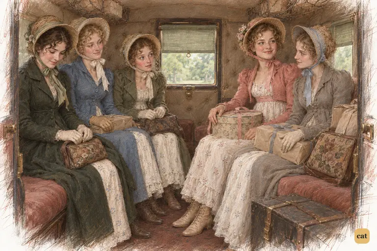 Lydia delights as five young women crowd into the carriage among boxes and purchases