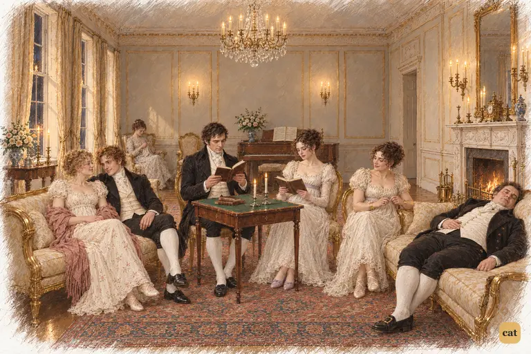 Hurst sleeps while Darcy and Caroline read, and Bingley attends to Jane.