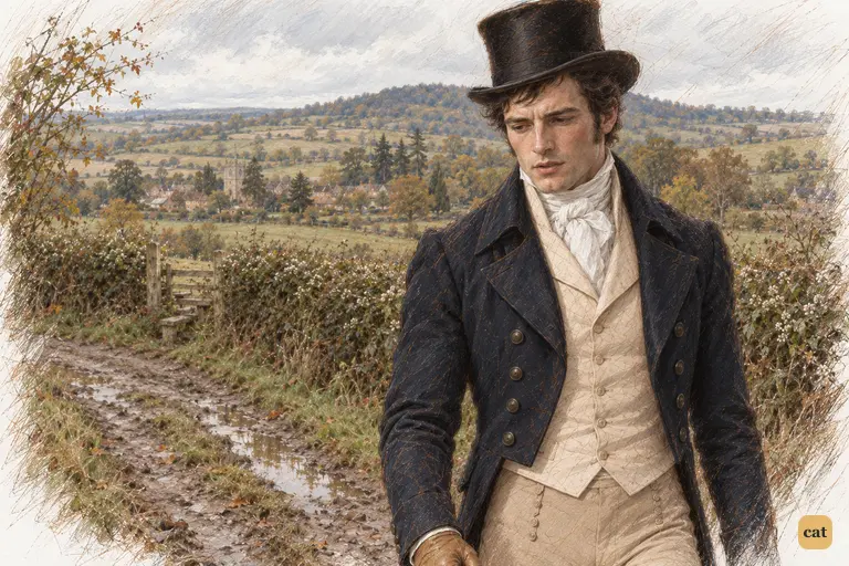Darcy lowers his eyes to the country lane, confessing Elizabeth’s reproof still pains him