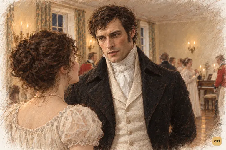 Darcy answers Elizabeth’s teasing challenge with dry composure.