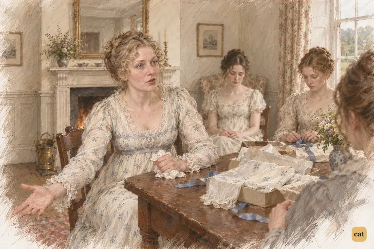 Mrs. Bennet points to where Collins proposed, treating Elizabeth's refusal as an injury