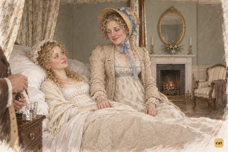 Mrs. Bennet sits beside Jane at Netherfield, content to prolong her stay