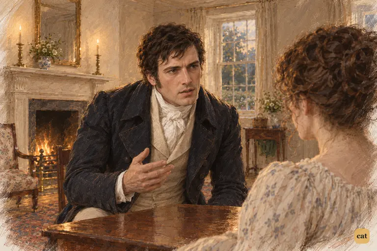 Darcy leans toward Elizabeth across the small table, his restraint giving way