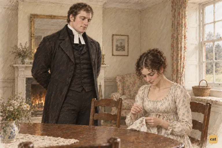 With Mrs. Bennet and Kitty gone, Mr. Collins draws himself up to begin.