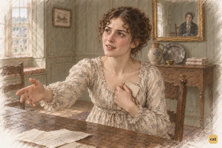 Elizabeth reaches toward her uncle as tears of gratitude break through her distress.