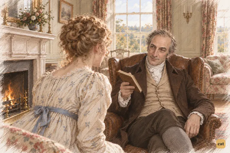 Mr. Bennet answers his wife's demand with a small mock bow and a flattering compliment.