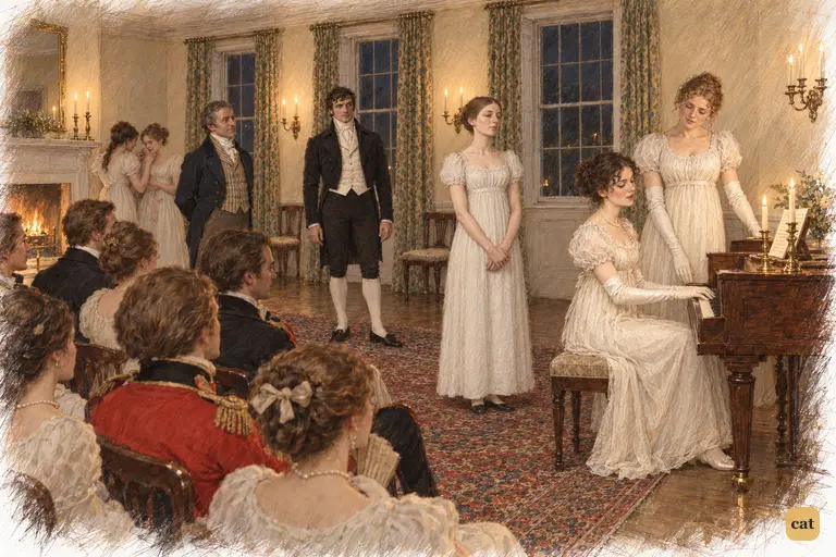 Elizabeth sings pleasantly at Sir William’s party while the guests listen with easy goodwill.