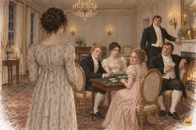 Elizabeth pauses in the doorway as the card players turn towards her.