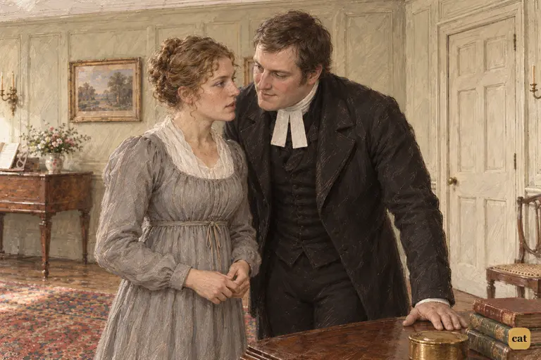 Charlotte murmurs to Mr. Collins beside the closed card-table at Longbourn.