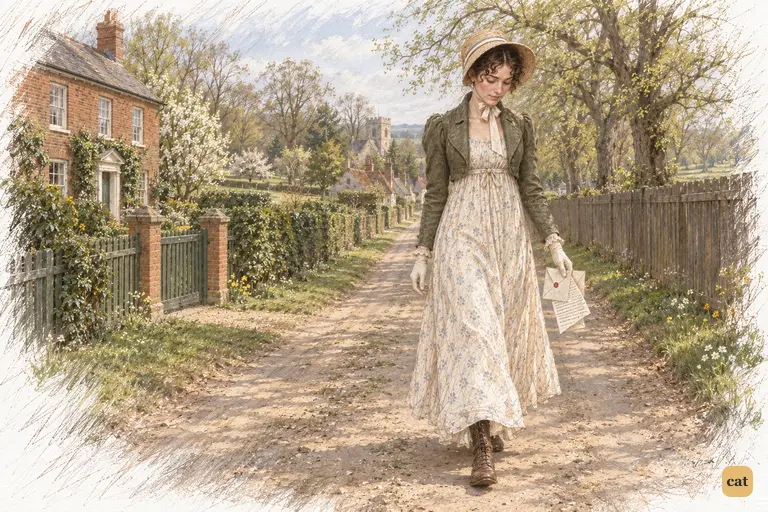 Elizabeth walks slowly along the lane, her letter lowered beside her skirt.