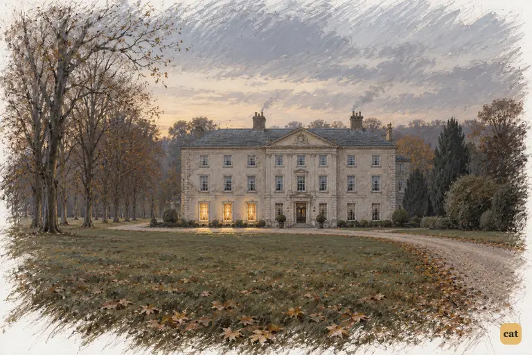 Netherfield stands quiet in its autumn park as evening settles.