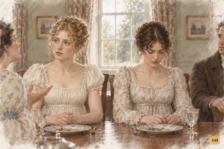 Elizabeth lowers her eyes as Mrs. Bennet laments the wedding clothes.