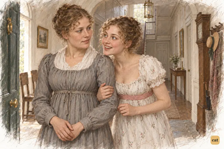 Lydia catches Charlotte’s arm and whispers the news of Elizabeth’s refusal of Mr. Collins.