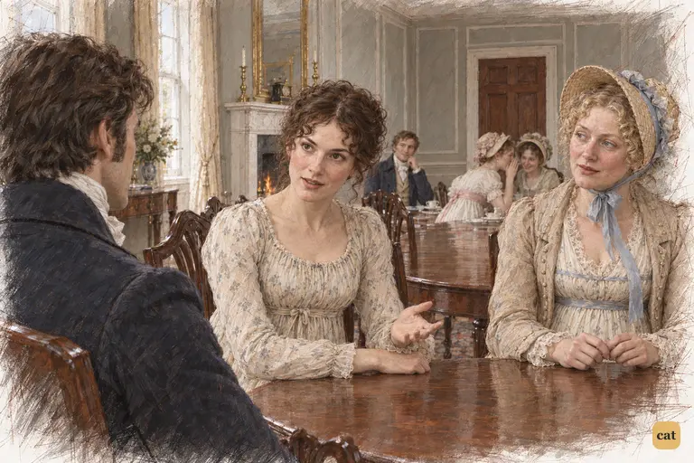 Elizabeth meets Darcy’s defence of poetry with a poised, incisive reply across the breakfast table.