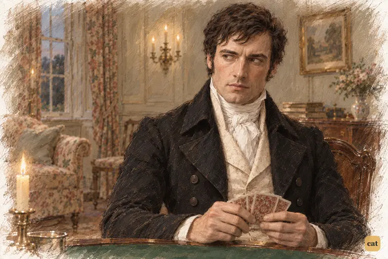 Darcy holds his whist cards still while his eyes turn toward Elizabeth’s side of the room.