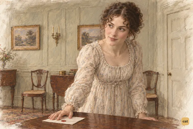 Elizabeth answers the thought of Darcy with a private joke, her teasing half-smile masking unease.