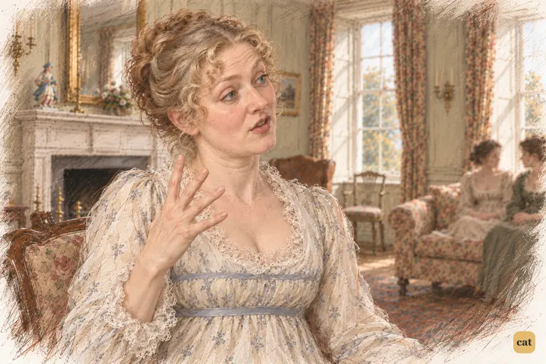 Mrs. Bennet mimics Darcy's offended silence, glancing sideways at the Miss Lucases