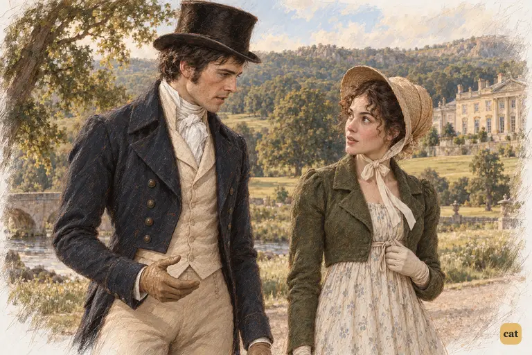 On Pemberley’s riverside walk, Darcy asks to introduce his sister to Elizabeth