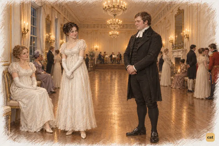 Elizabeth, opposite Mr. Collins in the dance set, shares an amused look with Charlotte