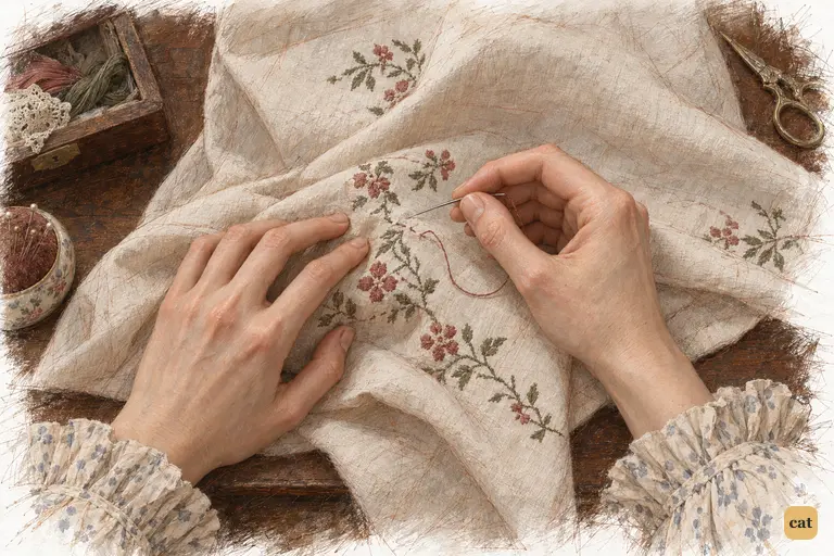 Elizabeth’s hands preserve the posture of sewing while her needle hangs above an unfinished stitch.