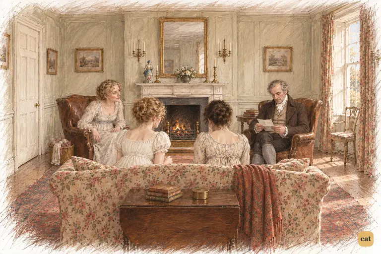 Mr. Bennet reads Gardiner’s second letter to Mrs. Bennet, Jane and Elizabeth