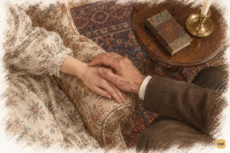 Mr. Bennet gently covers Elizabeth’s hand as she appeals to him.
