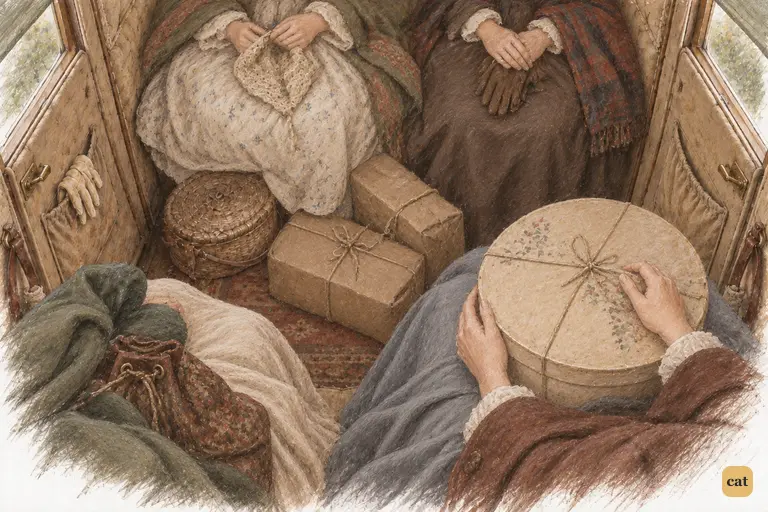 Lydia's new bandbox rests on her knees as workbags and parcels crowd the carriage