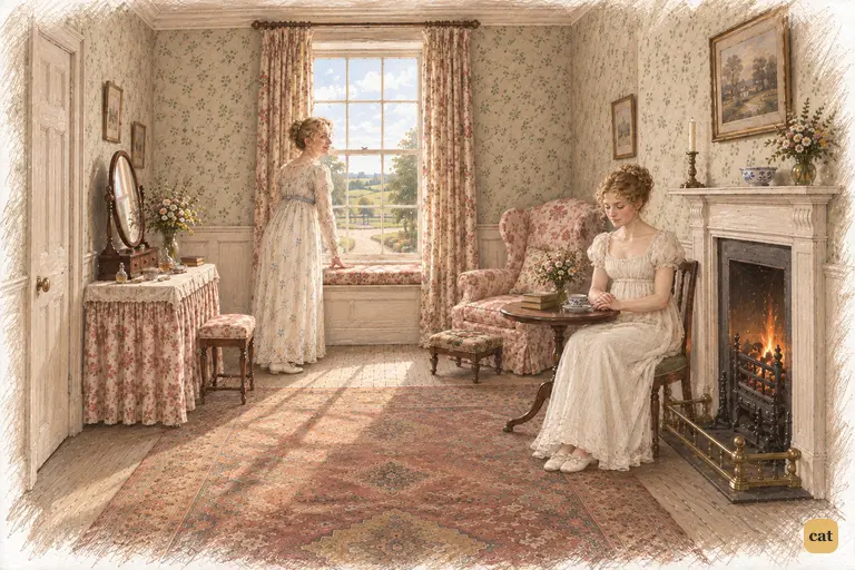 Mrs. Bennet eagerly watches Bingley's approach from her dressing-room window.
