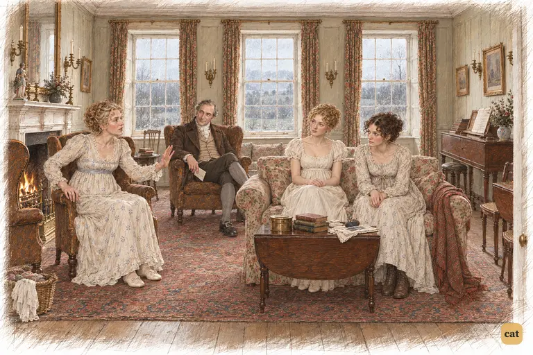 Mrs. Bennet indignantly contradicts the rumour that Bingley will remain away all winter.