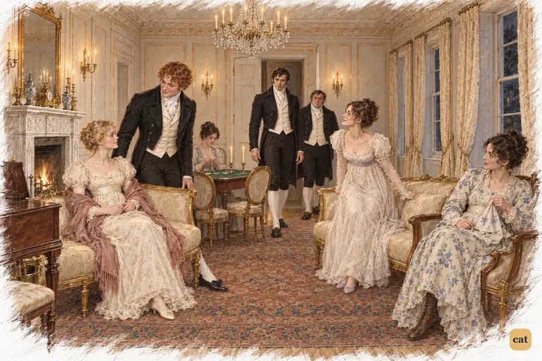 Caroline rises eagerly as Darcy enters the drawing-room, his attention turning to Jane